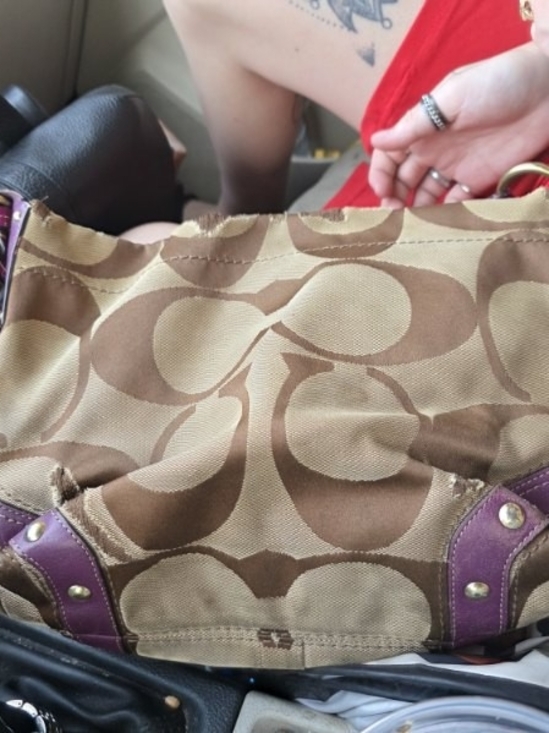 Coach Handbags - Coach Brown Signature Canvas Shoulder Bag with Purple Trim